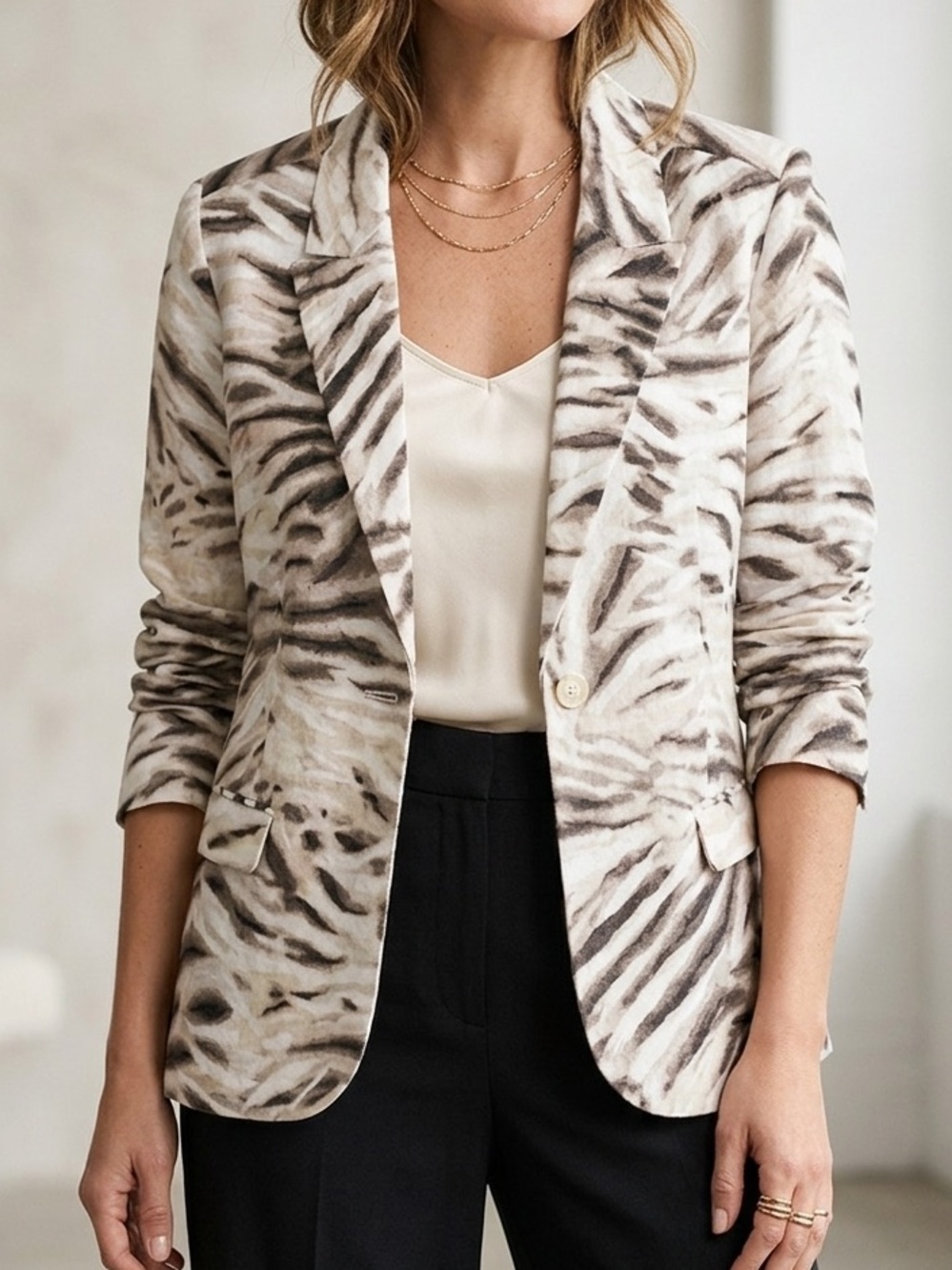 Chico's Zebra Neutral Animal Print Linen Blend Blazer Jacket Single Button